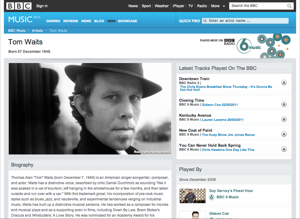 Tom Waits page on BBC Music